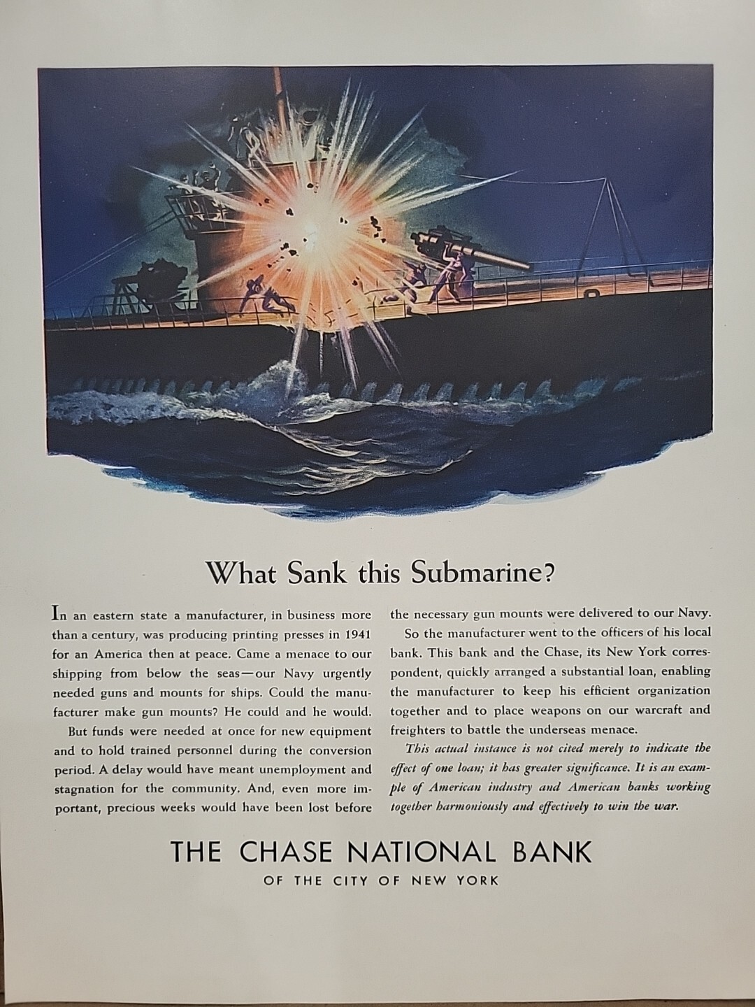 1942 Chase National Bank Fortune WW2 Print Ad Q4 Battleship Submarine Explosion