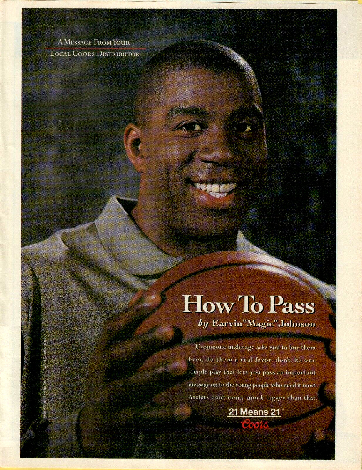 1998 Coors Beer Magic Johnson 21 Means 21 How to Pass a Message VINTAGE PRINT AD