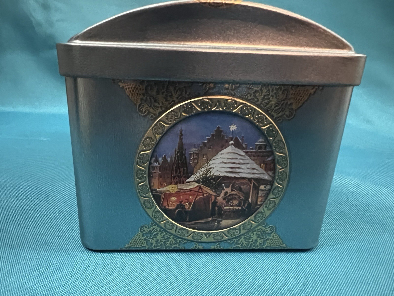 Lebkuchen-Schmidt Blue/Gold Winter Village Scene Advertising Tin Made in Germany