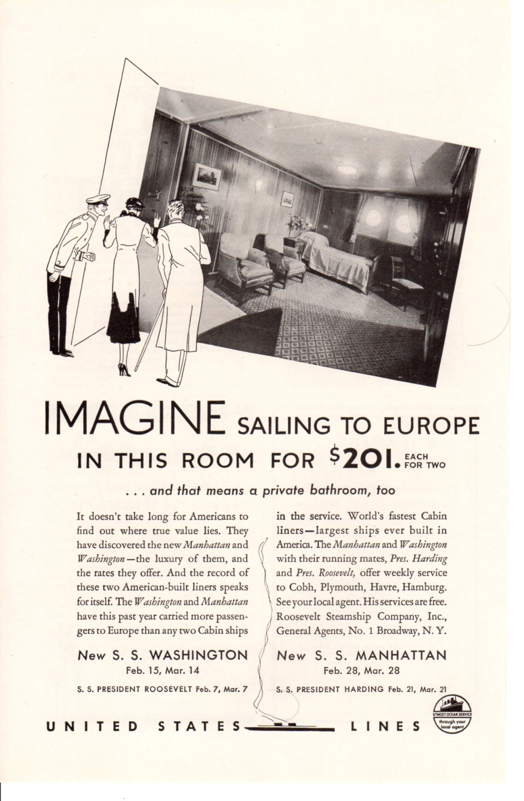 Vintage print ad 1934 Cruise Ship United States Line SS Washington SS Manhattan