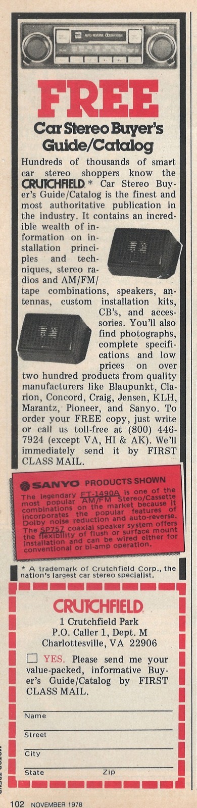 Vintage 1978 Crutchfield Sanyo FT-1490A Stereo Cassette Radio Print Ad 70s Art