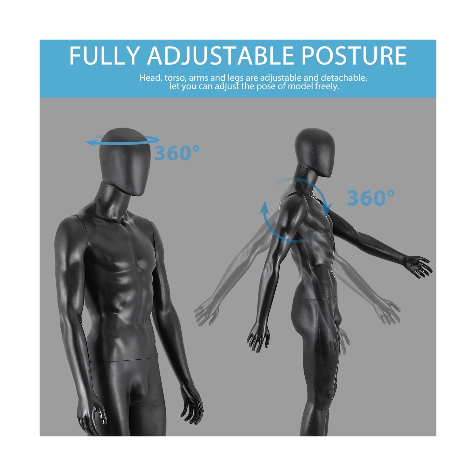 Male Mannequin Full Body with Adjustable Head, Flexible Limbs 73″ Detachable …