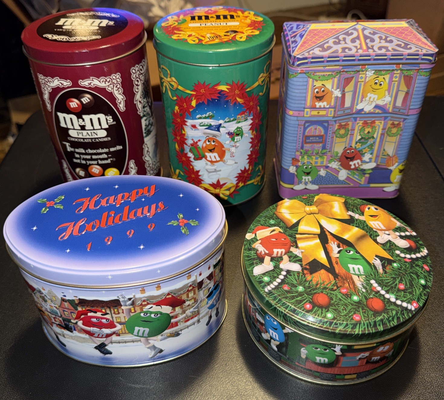 5 M&Ms Candy Christmas Holiday TIN 1991, 1993, 1995, 1999, 2000 Red Yellow Green