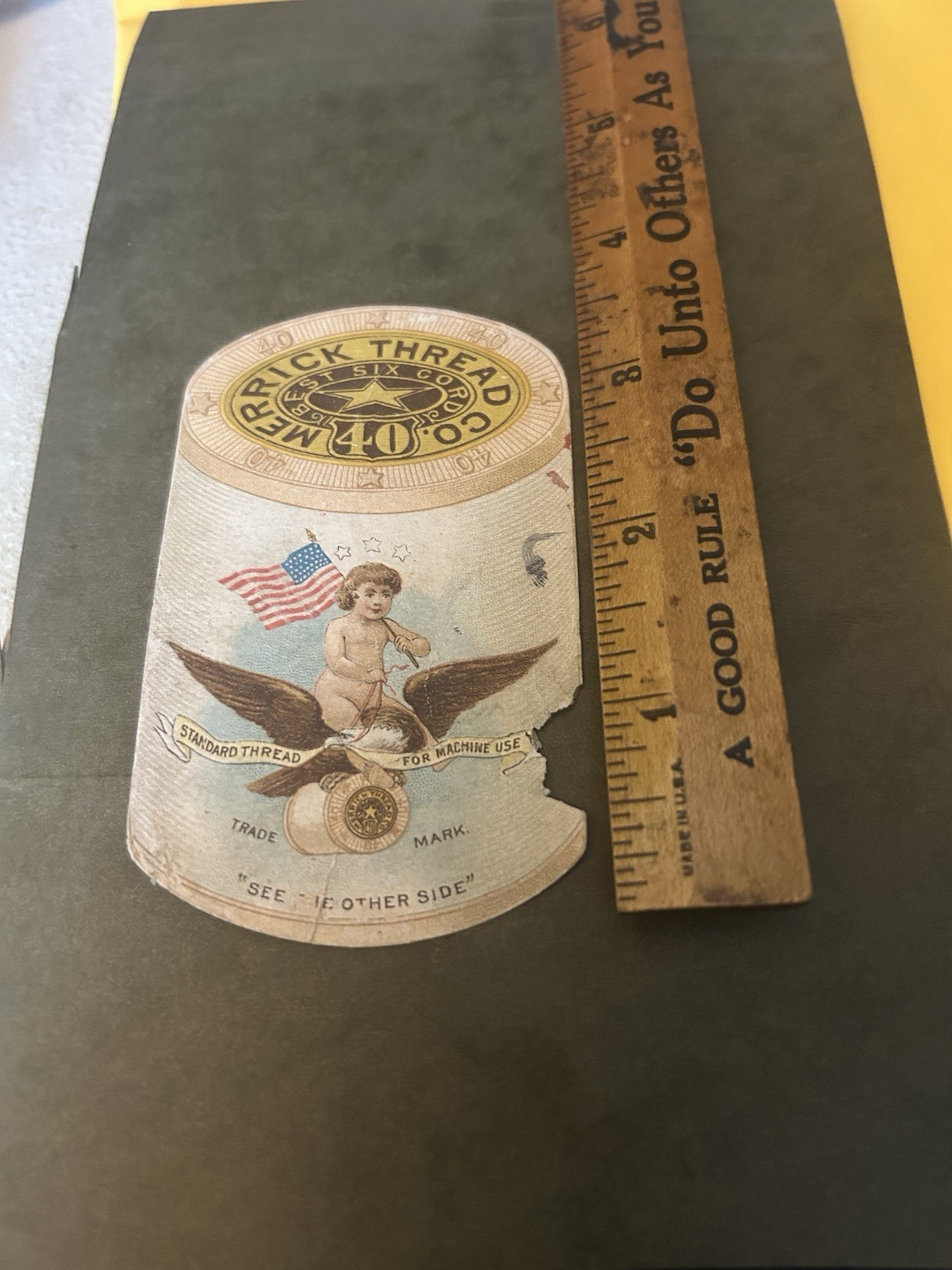 Victorian Trade Card 1889 Merrick Thread USA Bald Eagle Cherub Damaged