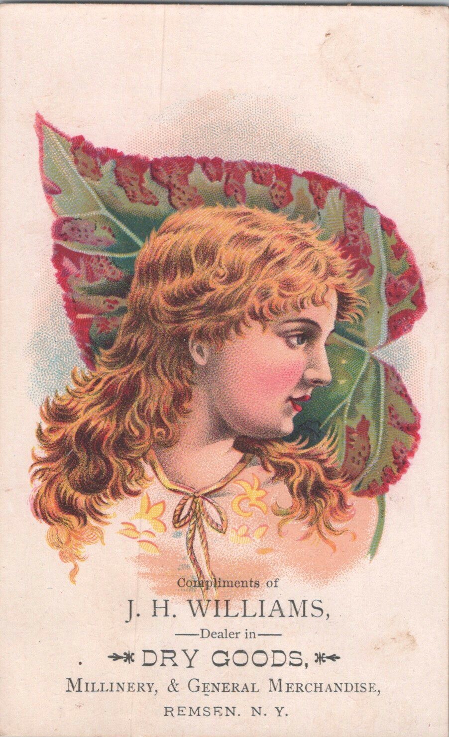 1880s Remsen Dry Goods Store J H Williams Millinery Victorian Trade Card #1