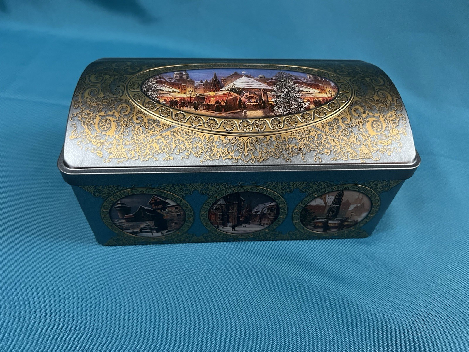 Lebkuchen-Schmidt Blue/Gold Winter Village Scene Advertising Tin Made in Germany