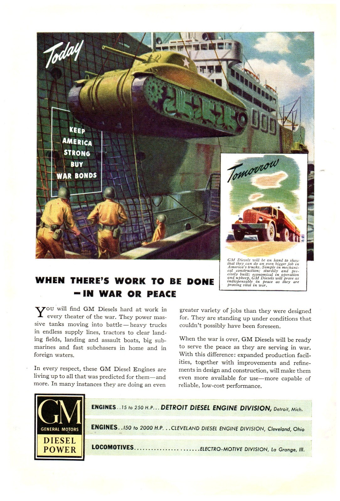 GM Diesel Power Tanks Ship Buy More War Bond Wartime 1944 Print Ad 6.75″x10″
