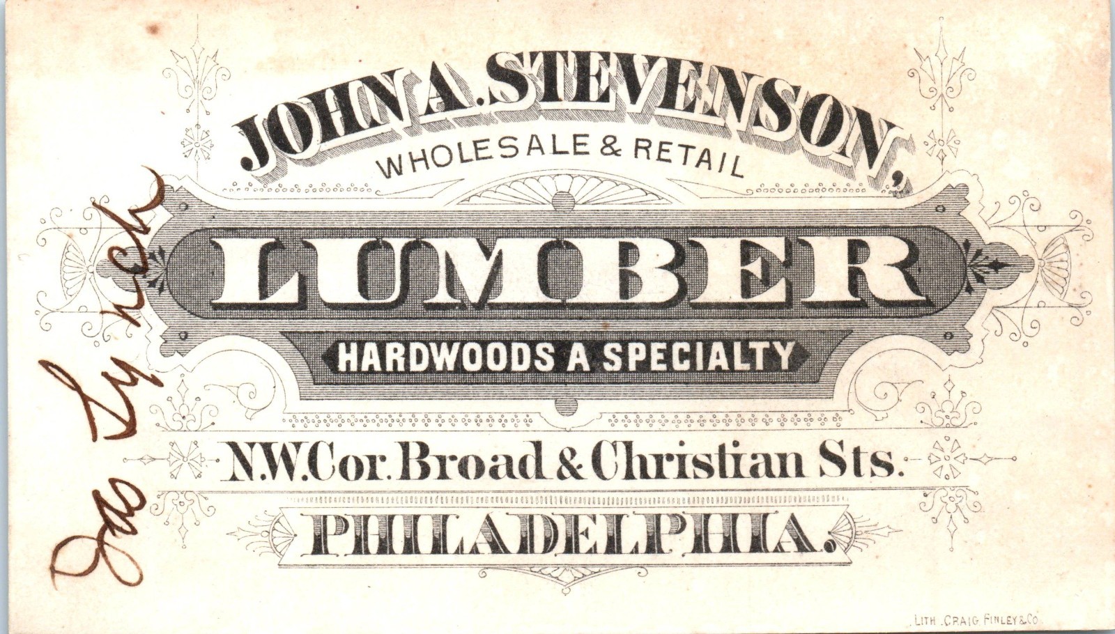 John Stevenson Lumber & Hardwood Illustrated Business Card Philadelphia, PA