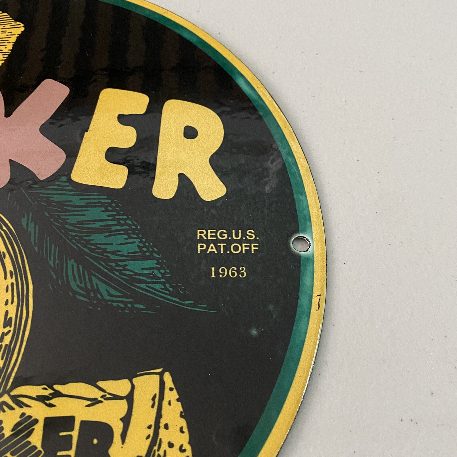 VINTAGE KORKER PORCELAIN SIGN GAS OIL SODA POP DRINK LEMON VENDOR AD PUMP PLATE