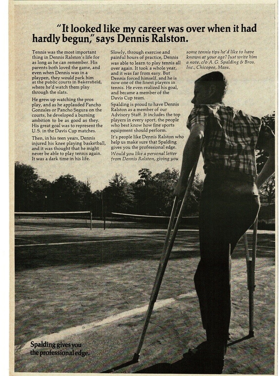 1968 SPALDING Tennis young DENNIS RALSTON on crutches WCT Vintage Print Ad