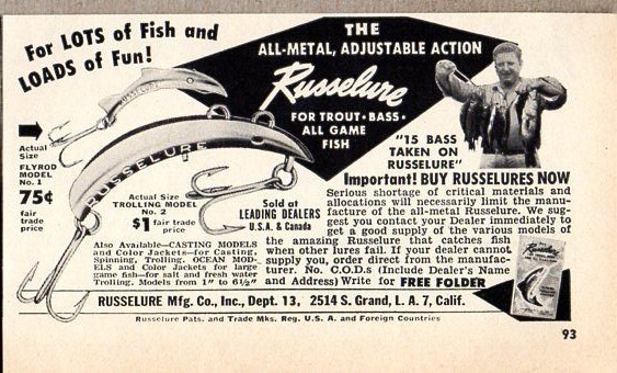 1951 Print Ad Russelure Bass Fishing Lures Los Angeles,CA
