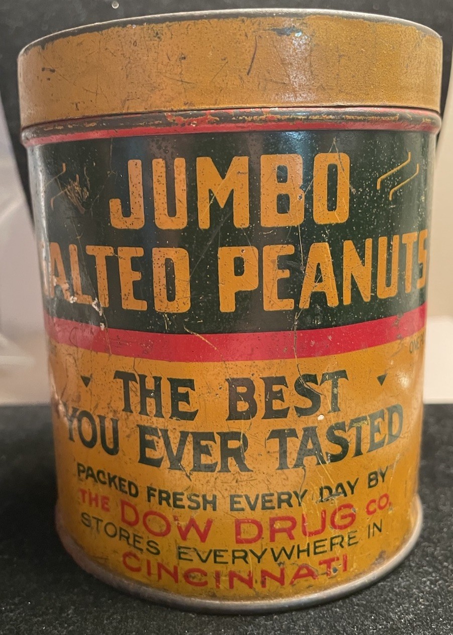 THE DOW DRUG CO. CINCINNATI 1920’S JUMBO SALTED PEANUTS 1LB EMPTY TIN “SCARCE”