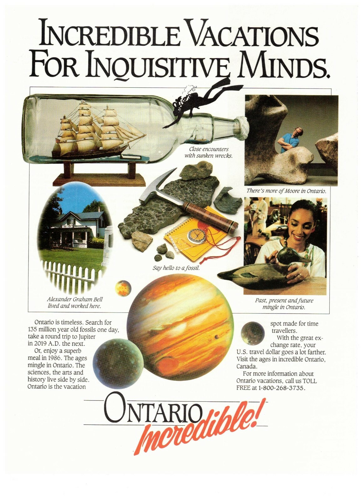 1986 Ontario Travel Vacation Vintage Print Advertisement Ship in Bottle Fossil