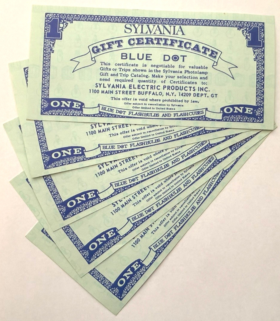 Lot Of 5 Sylvania Gift Certificates, Blue Dot Flash Bulbs & Other Valuable Gifts
