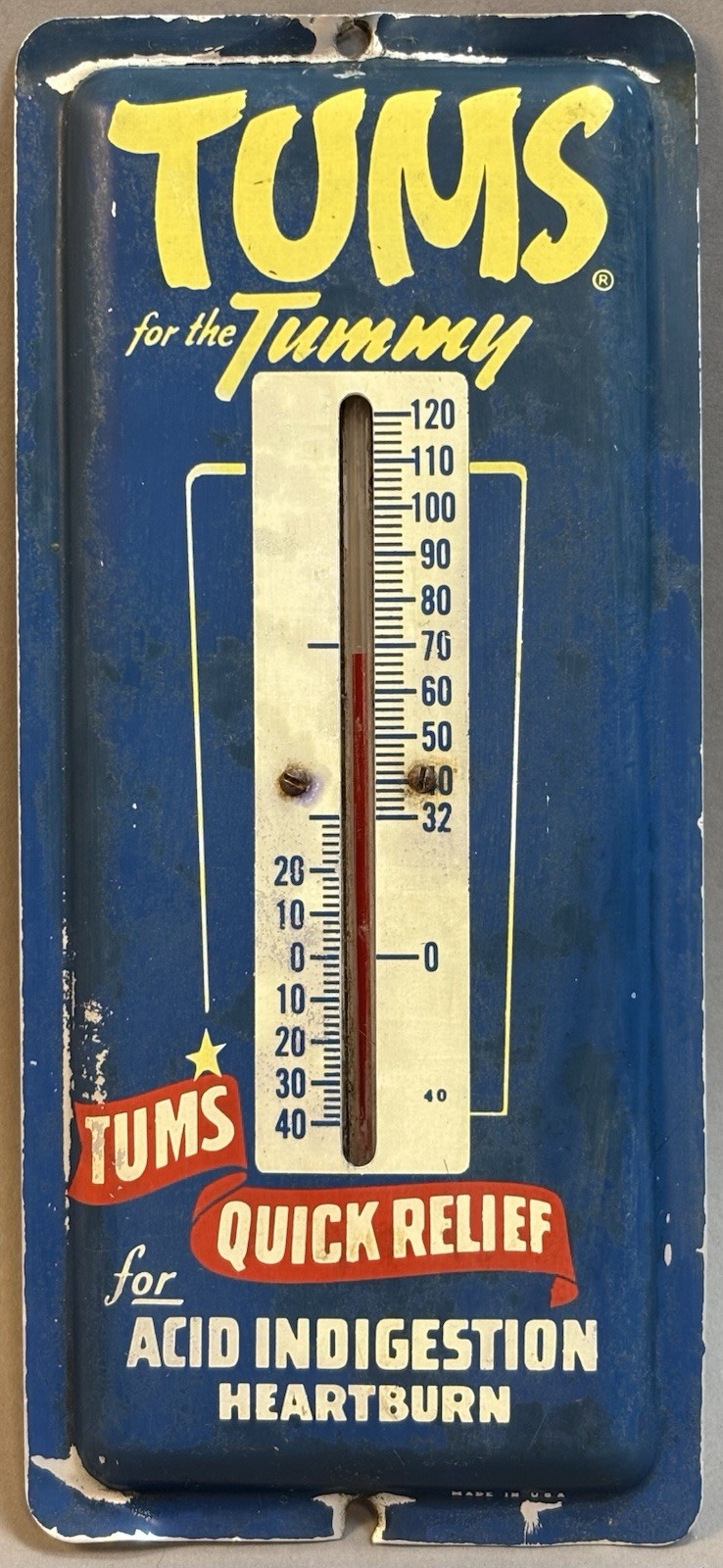 Vtg 50s Tums For The Tummy Thermometer Metal Advertising Sign 9×4″ USA WORKS #2