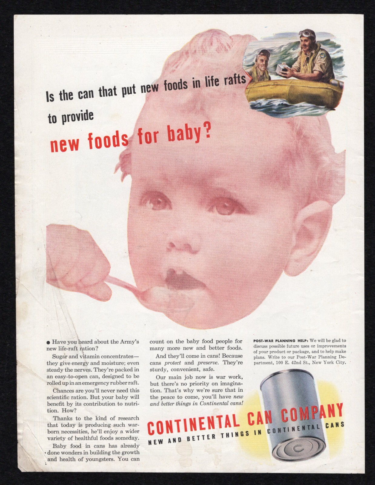 1944 Continental Can That Put New Foods Life Raft Army Ration For Baby Print Ad