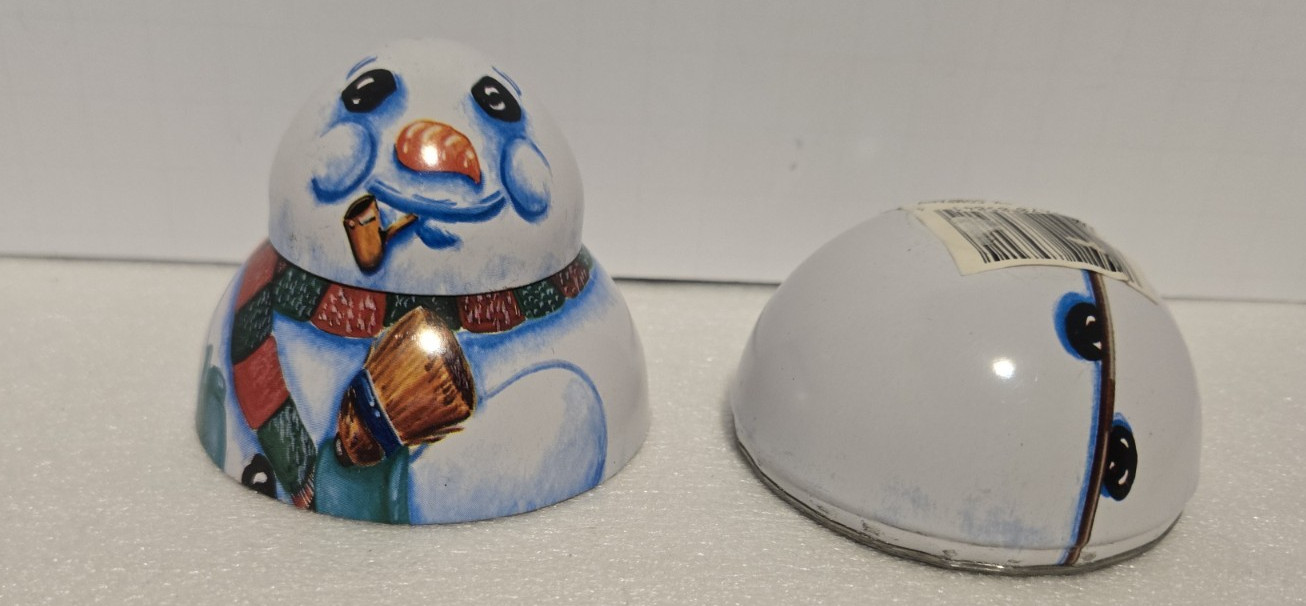 Multicolor Roly Poly Tin Snowman 3 1/2″ Tall. The Tin Box Company of America