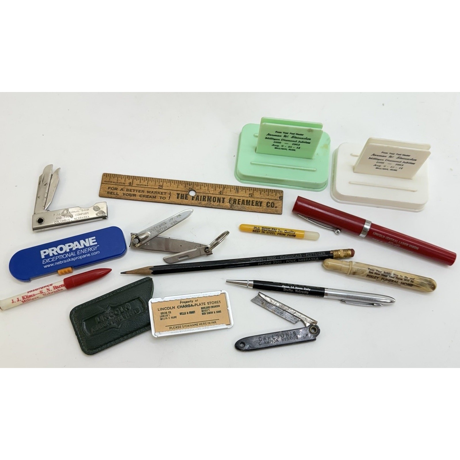 Vintage Nebraska Advertising Lot Knives, Pens, Funeral Home, Charga-Plate, Ruler