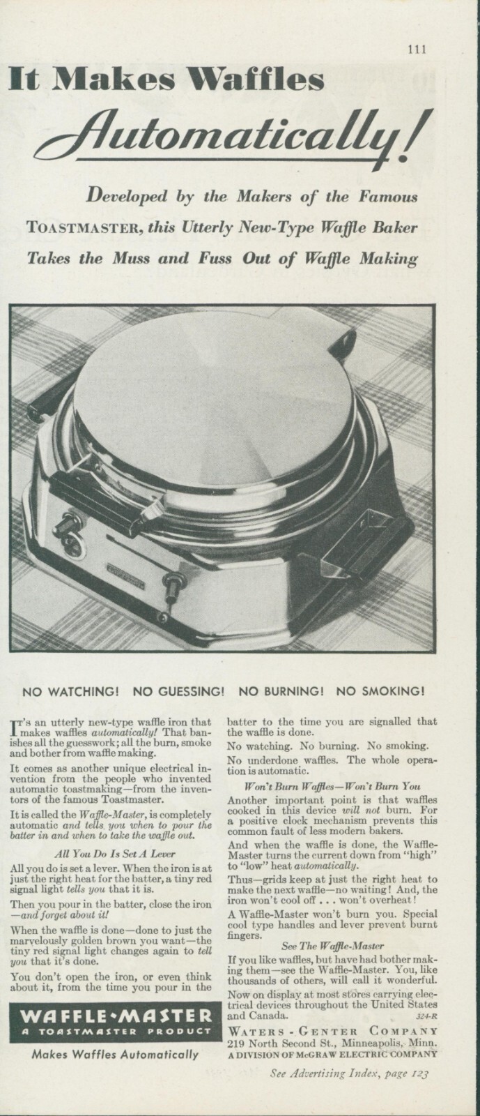 1931 Waffle Master Toastmaster Automatic Take Muss Fuss Out Waffle Making Ad BH3