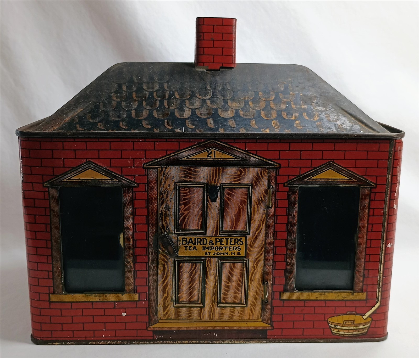 Antique Baird & Peters Tea Importers Caddy Tin House Shaped Store Bin Vintage