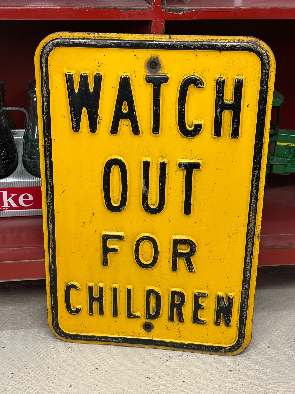 ORIGINAL 1950’s “WATCH OUT FOR CHILDREN” EMBOSSED STEEL STREET SIGN, (18″x 12″)