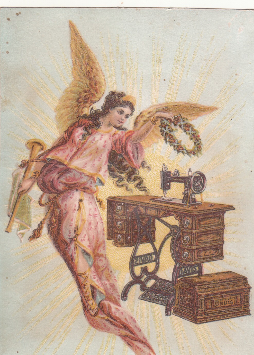Davis Sewing Machine Angel Pink Dress Wings Horn Vict Card c1880s