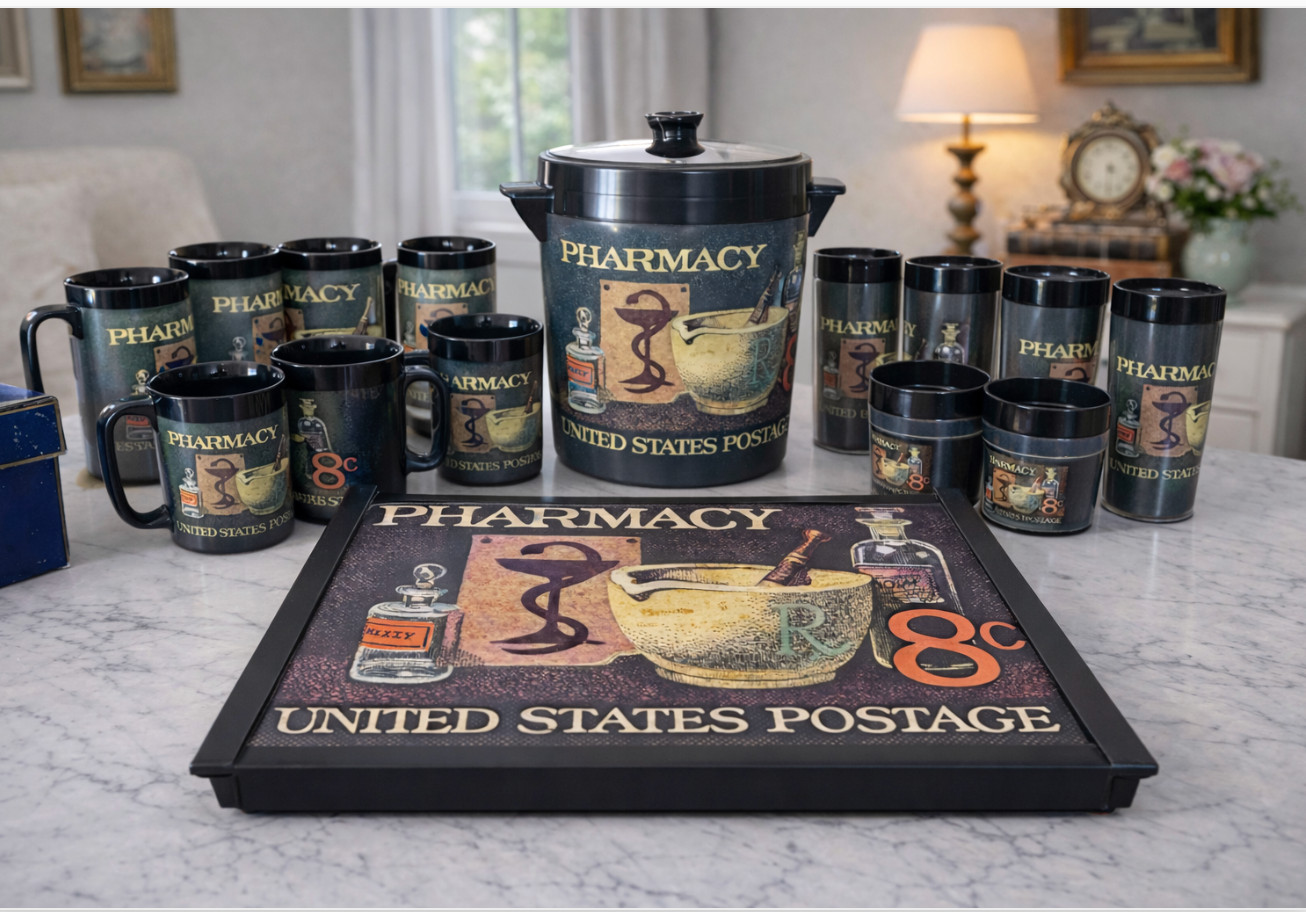 Vintage Pharmacy USPS Thermo-Serv Mug Set w/ Ice Bucket & Hot Plate Works