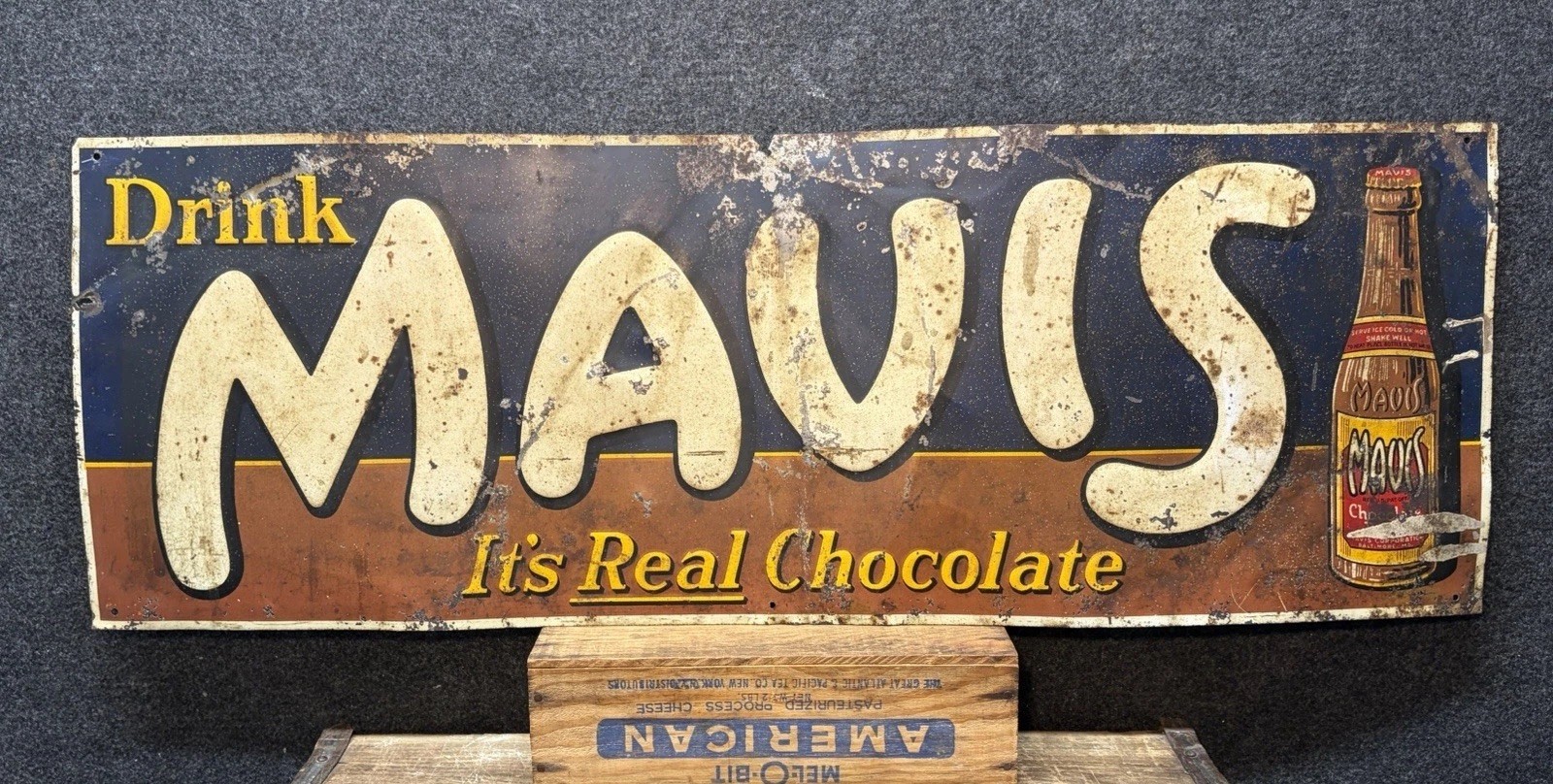 Vtg 1930s Mavis Chocolate Drink Advertising Metal Sign 27.75” Baltimore MD