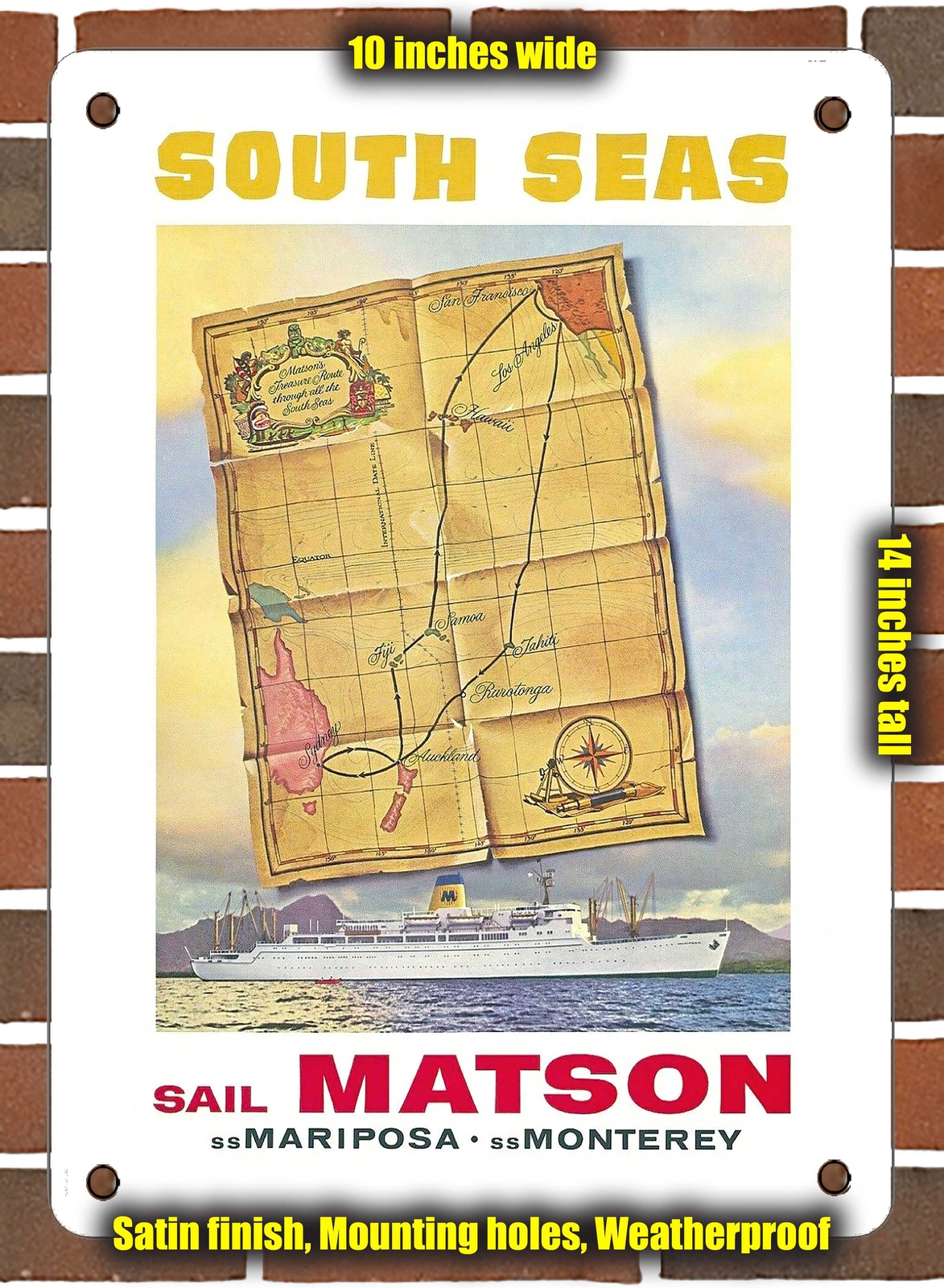 Metal Sign – 1955 South Seas Sail Matson SS Mariposa SS Monterey – 10×14 Inches