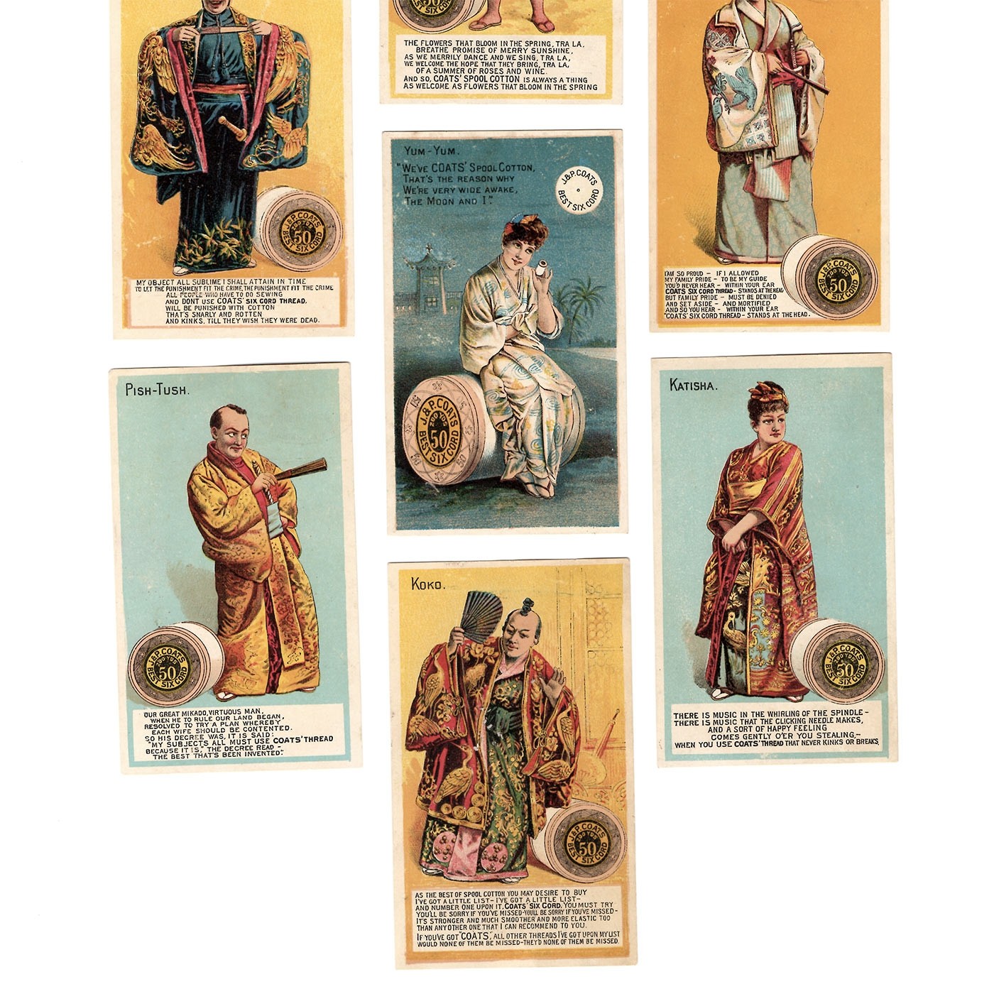 Seven Opera Coats Thread Antique Trade Cards The Mikado Yum-Yum Nanki-Poo Ko-Ko