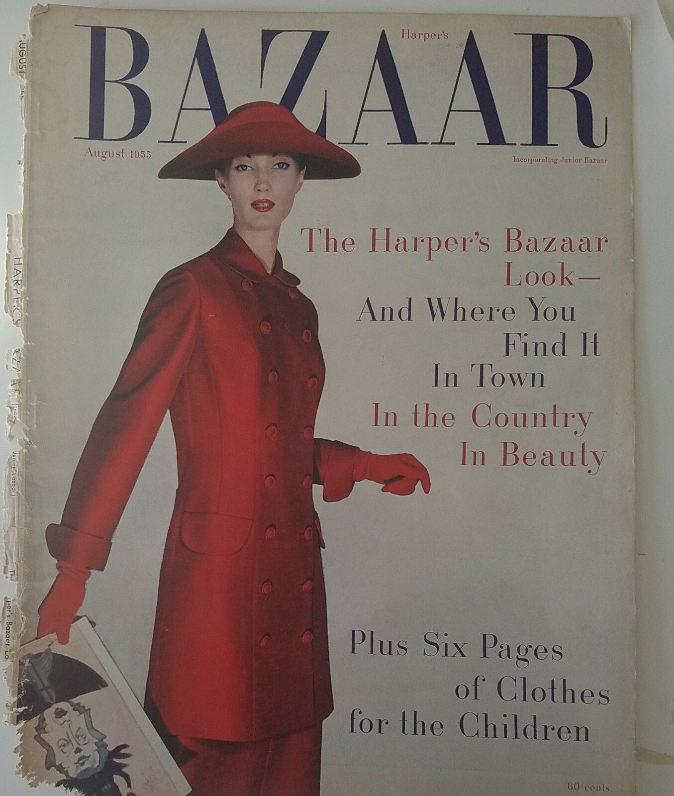 1955 Harper’s Bazaar Magazine front cover only womens red suit hat fashion AS IS