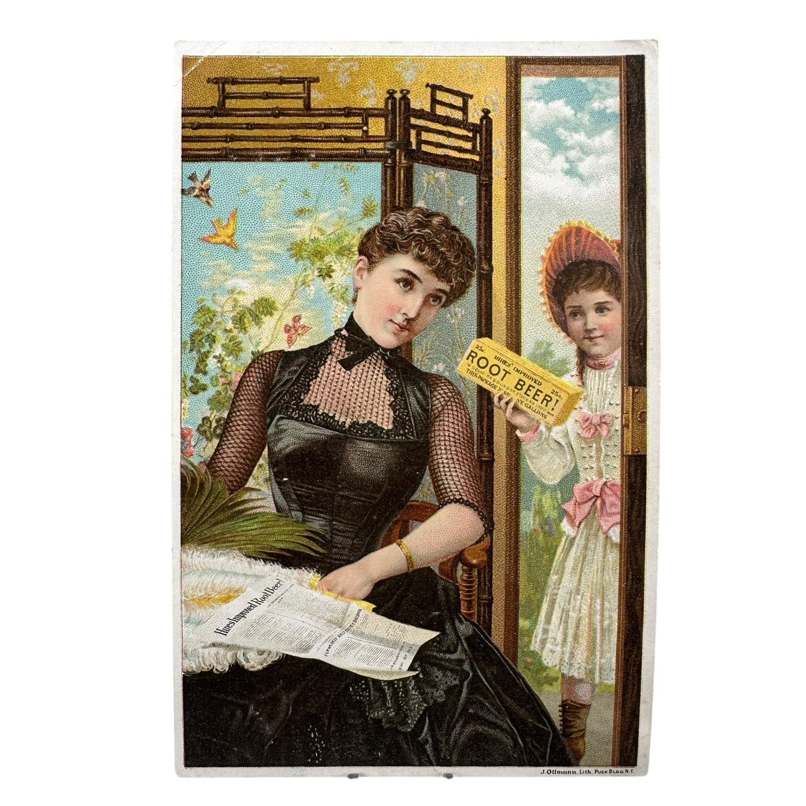Antique Victorian Trade Card Circa 1880s Hires Rootbeer Lady Black Dress