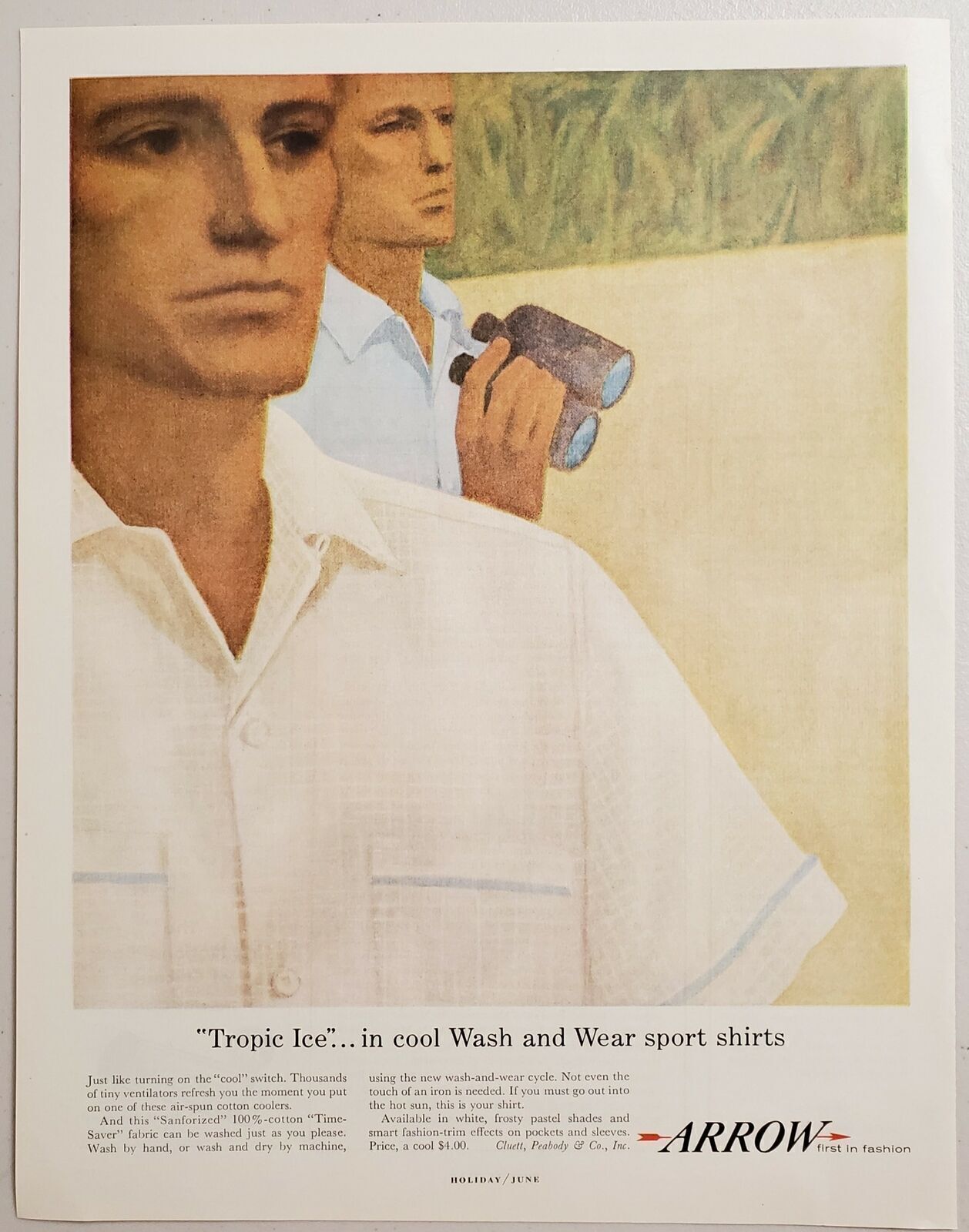 1959 Print Ad Arrow Tropic Ice Men’s Sport Shirts Men with Binoculars