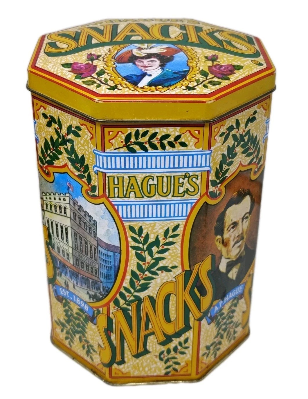 VTG Hagues Snacks Pretzel Tin Box Metal Container Storage Hinged Lid CBD England