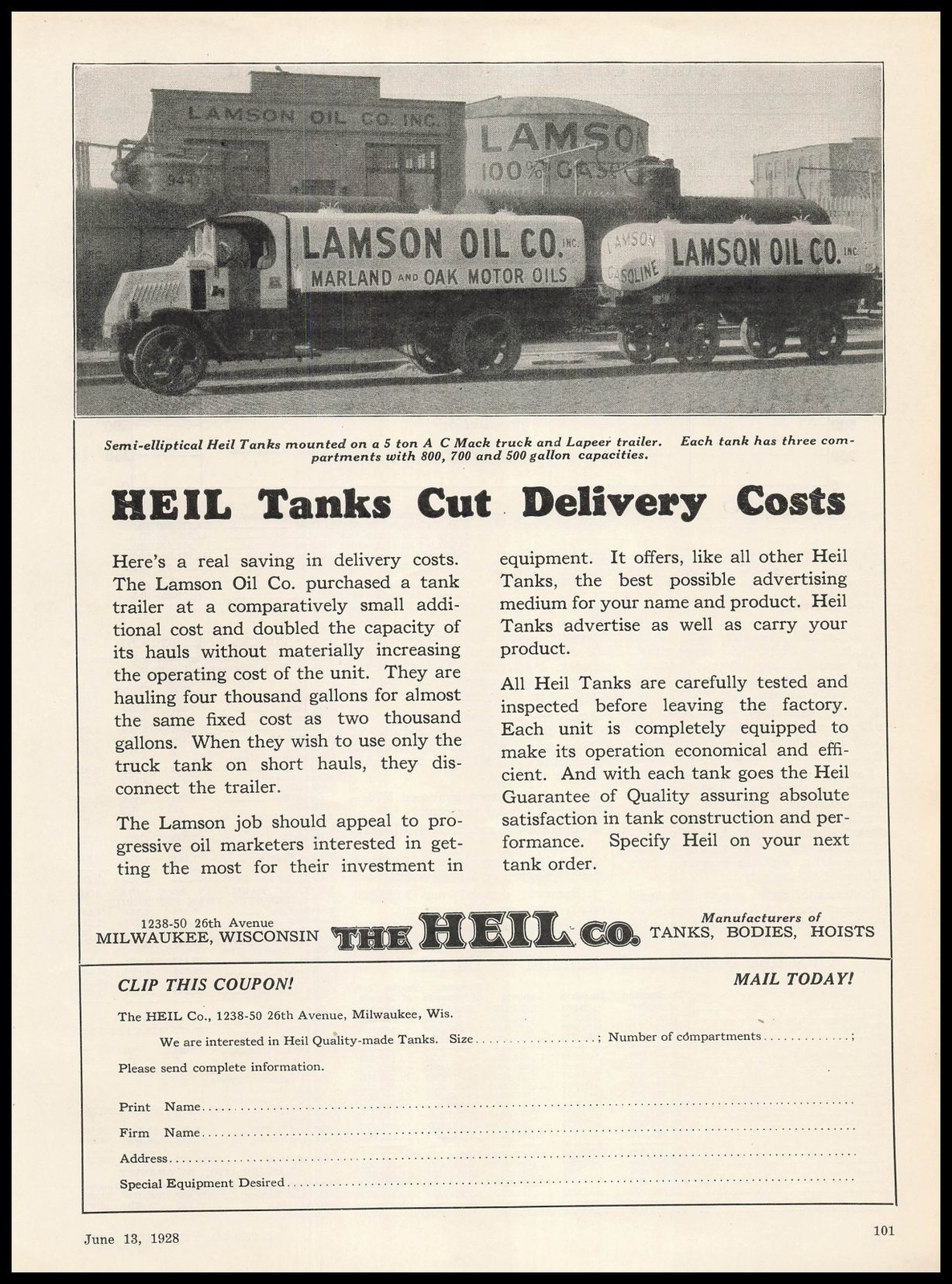 1928 Lamson Oil Marland Oak Photo Mack Truck Heil Tank Lapeer Trailer Print Ad