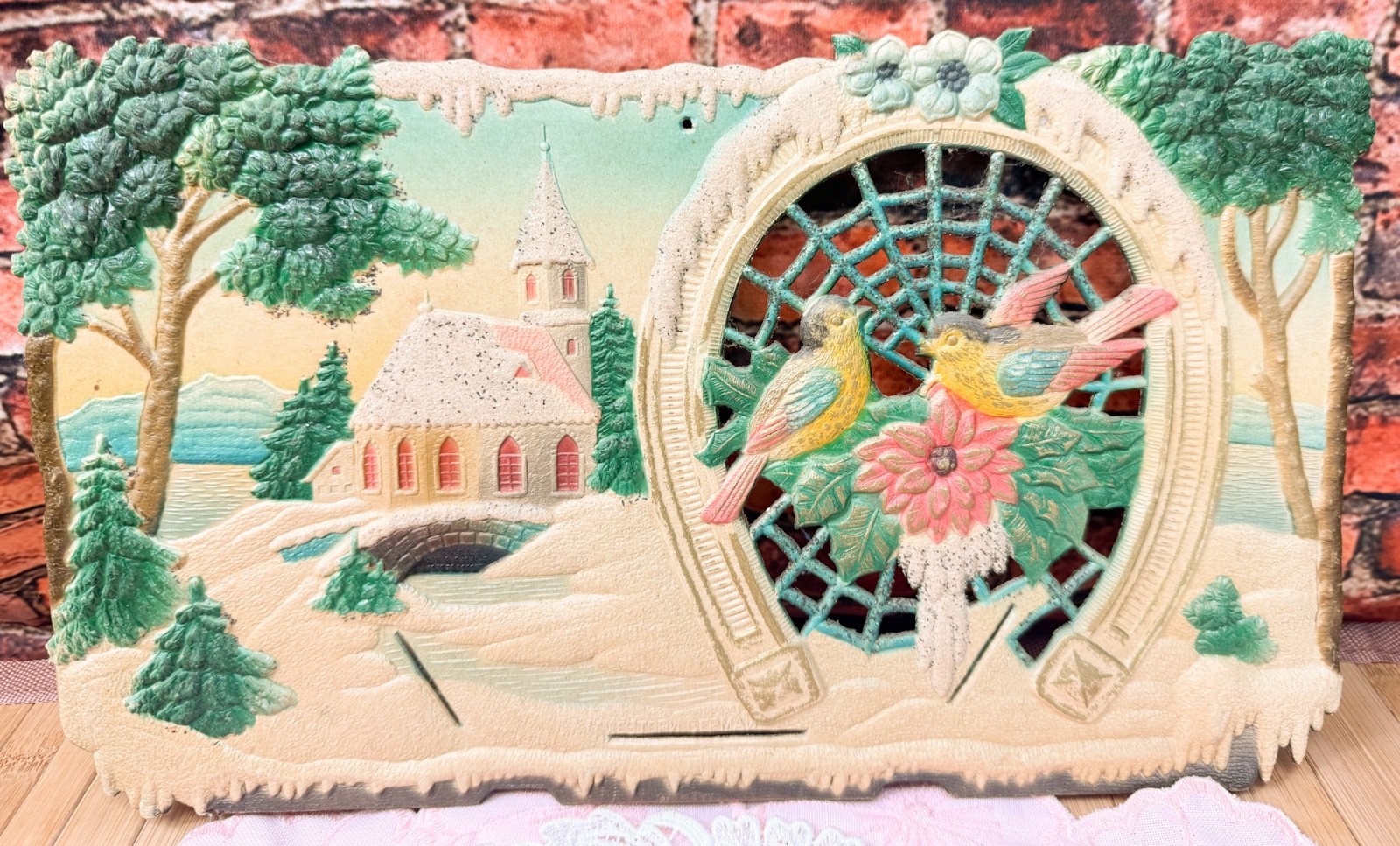 Vtg W. German 7X12” Pressed Pulp Embossed Die Cut Calendar—SNOW CHRISTMAS CHURCH