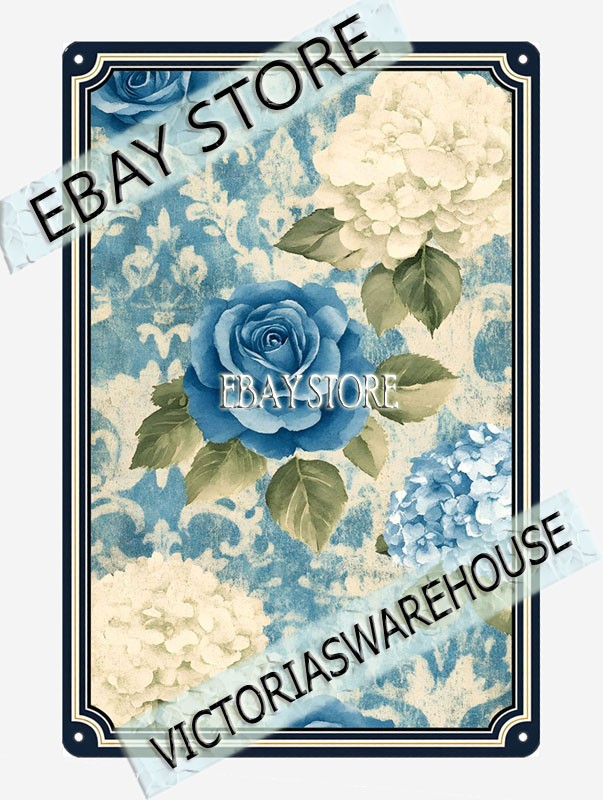 Blue Damask Floral Metal Tin Sign Vintage detailed floral pattern