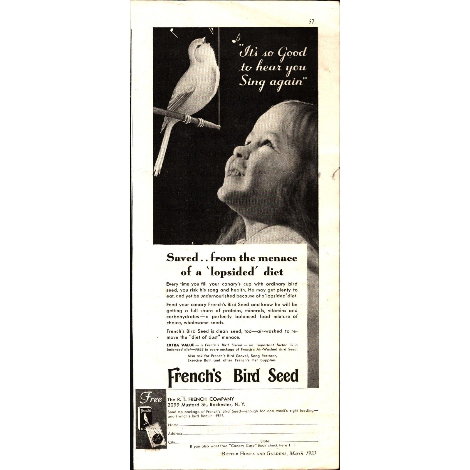 1933 French’s Bird Seed Ad – It’s so good to hear you sing again F2