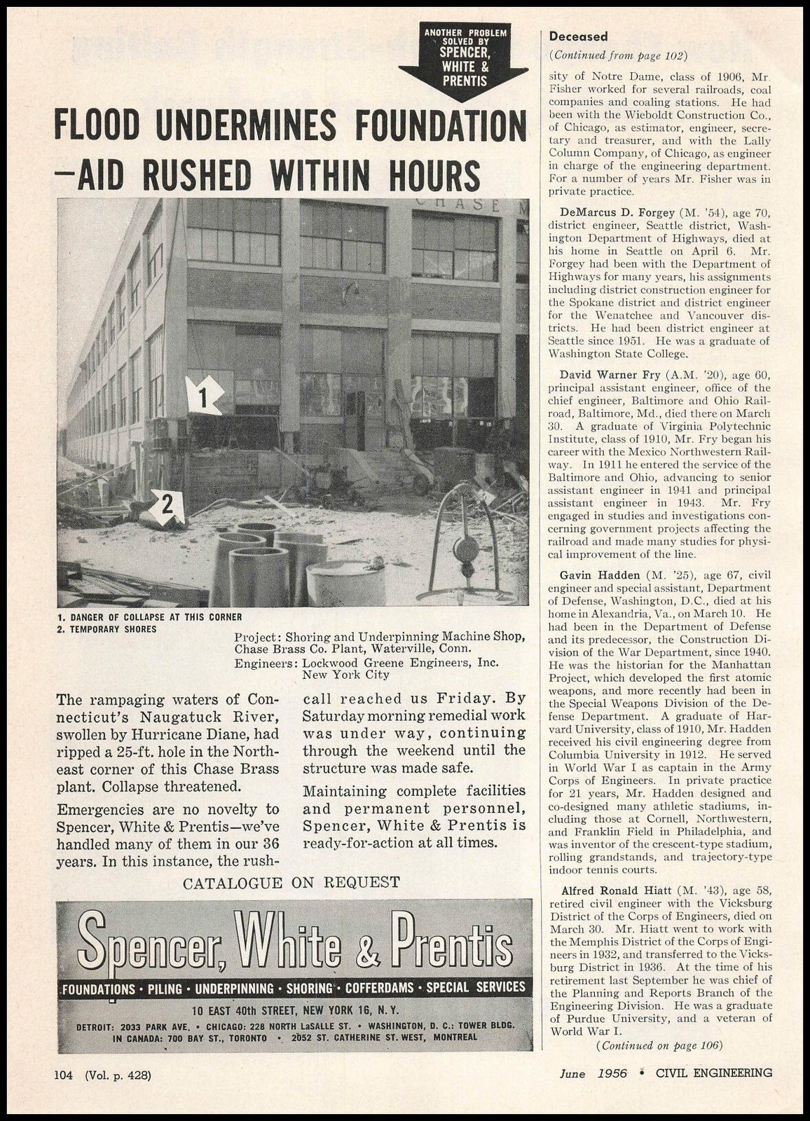 1956 Chase Brass Plant Hurricane Diane Photo Spencer White & Prentis Print Ad