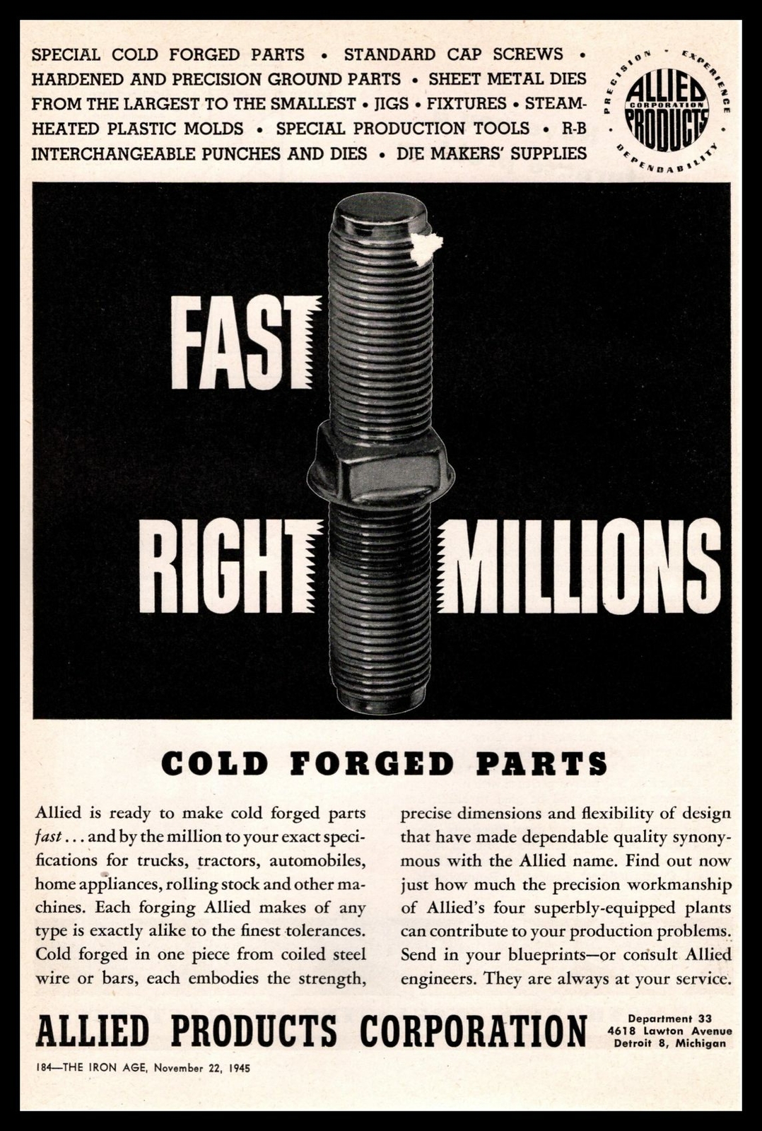 1945 Allied Products Detroit Michigan Special Cold Forged Parts Vintage Print Ad
