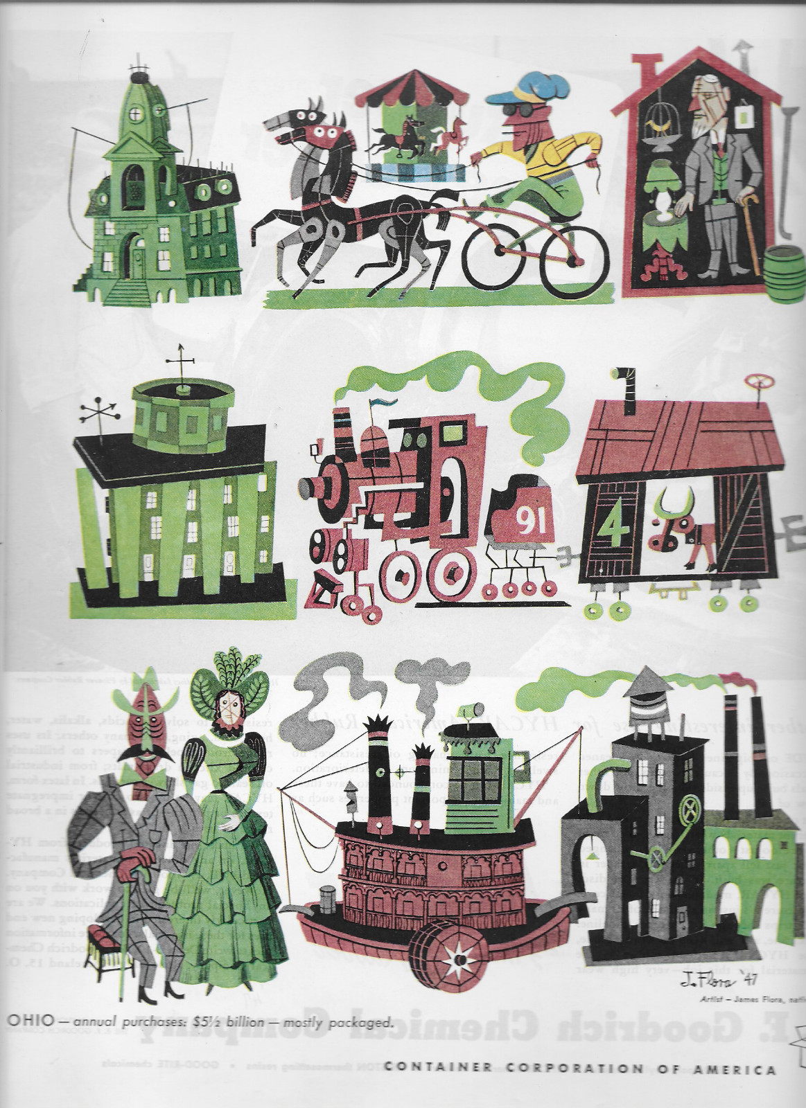 1947 CCA CONTAINER CORP of AMERICA AD- OHIO – ARTIST JAMES FLORA