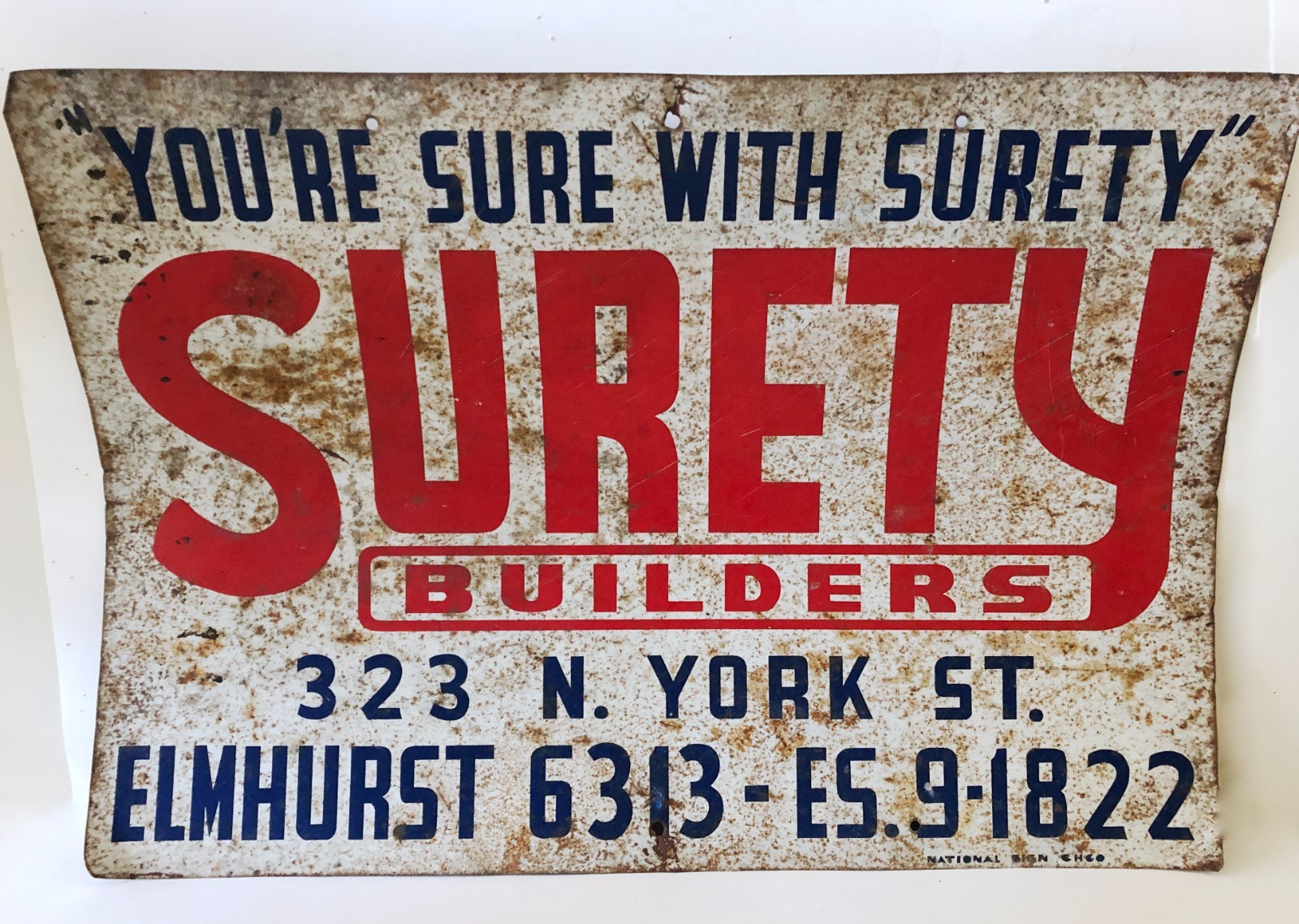 Vintage 1940’s-50’s Surety Builders Metal Advertising Sign Elmhurst IL