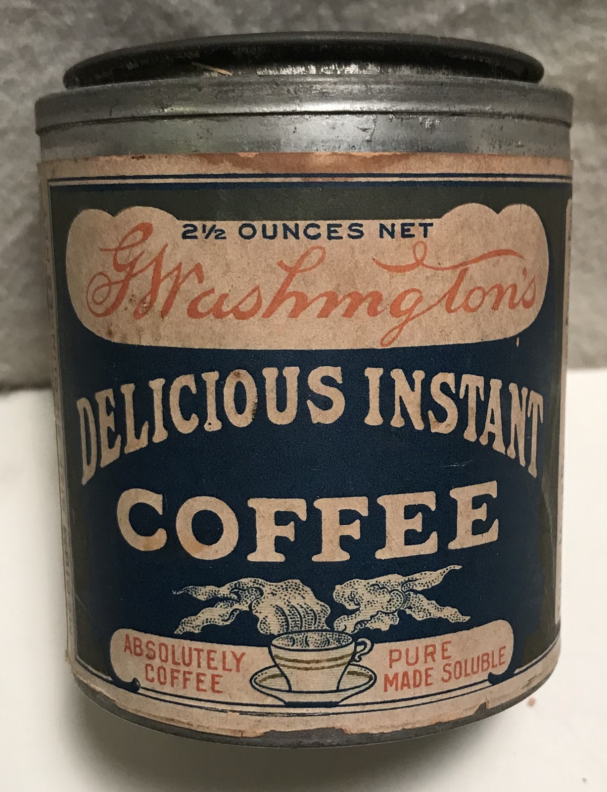 Rare Vintage 1920’s George Washington Delicious Instant Coffee 2 1/2 Ounce Tin