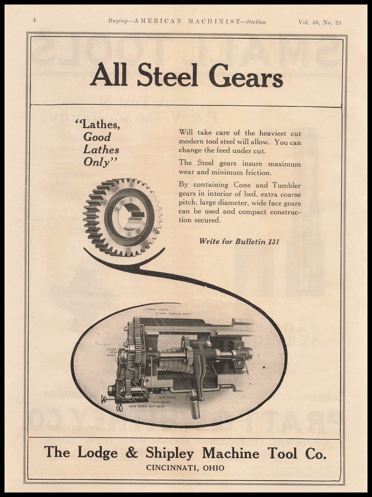 1917 Lodge & Shipley Tool Cincinnati Ohio All Steel Gear Lathes Vintage Print Ad