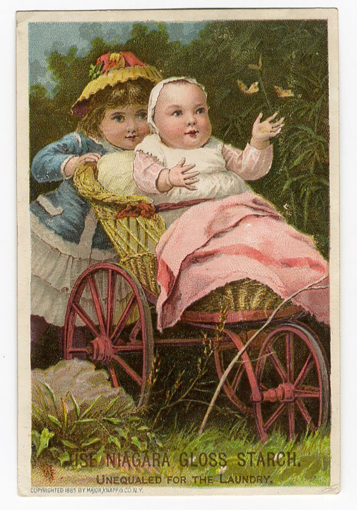 Child Pushing Baby Carriage NIAGARA Gloss Starch VICTORIAN Trade Card 1880’s