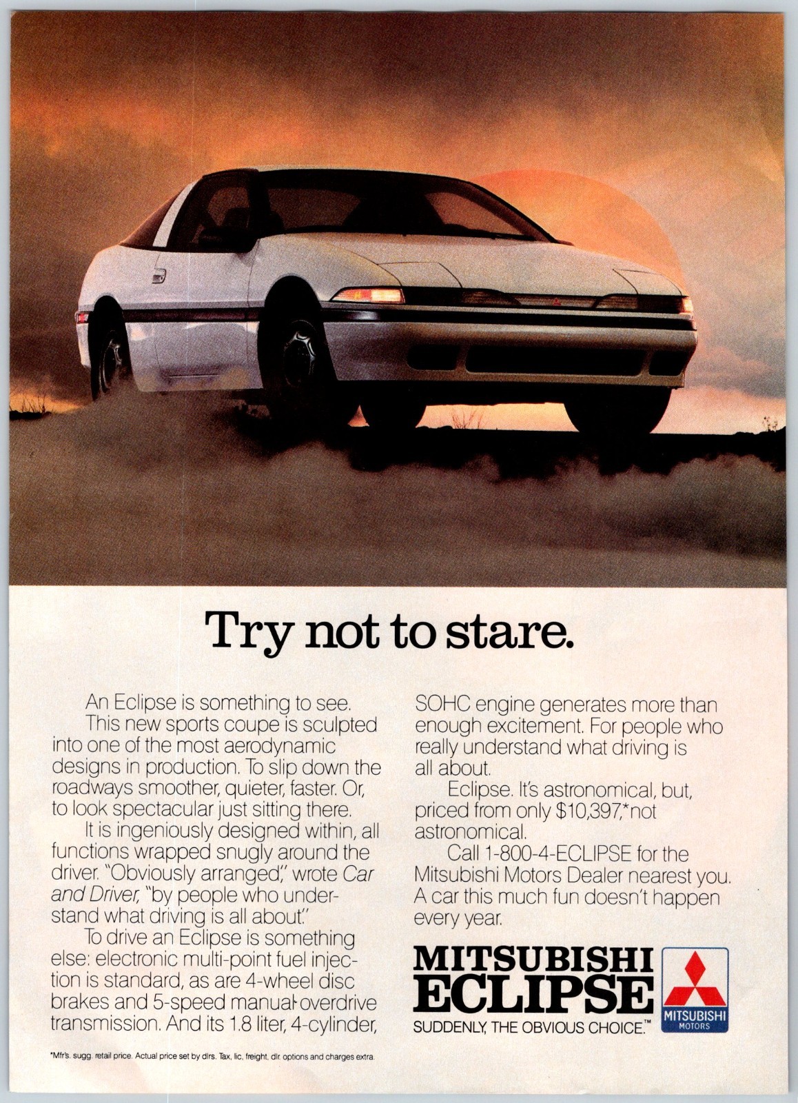 1989 MITSUBISHI ECLIPSE CAR AUTOMOBILE Vintage 8″X11″ Magazine Ad 1980’s M752