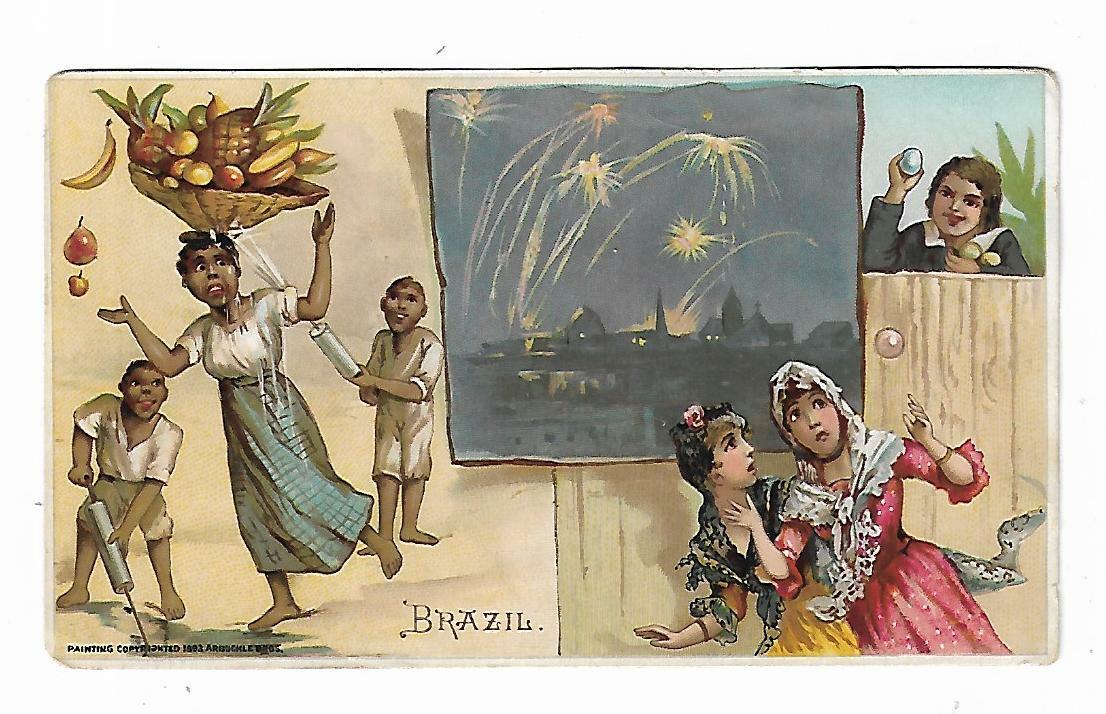 1893 Trade Card Arbuckle Brothers Coffee New York BRAZIL Sports Pastimes Nations