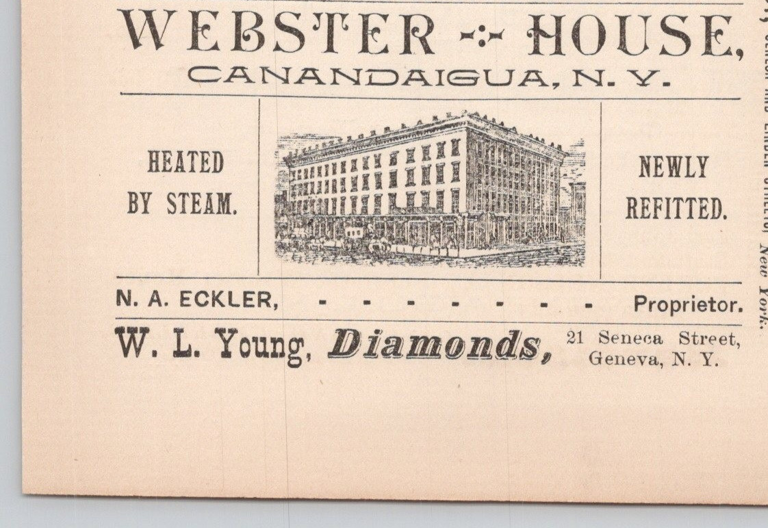 1891 Webster House Hotel Heated by Steam Canandaigua NY Print Ad
