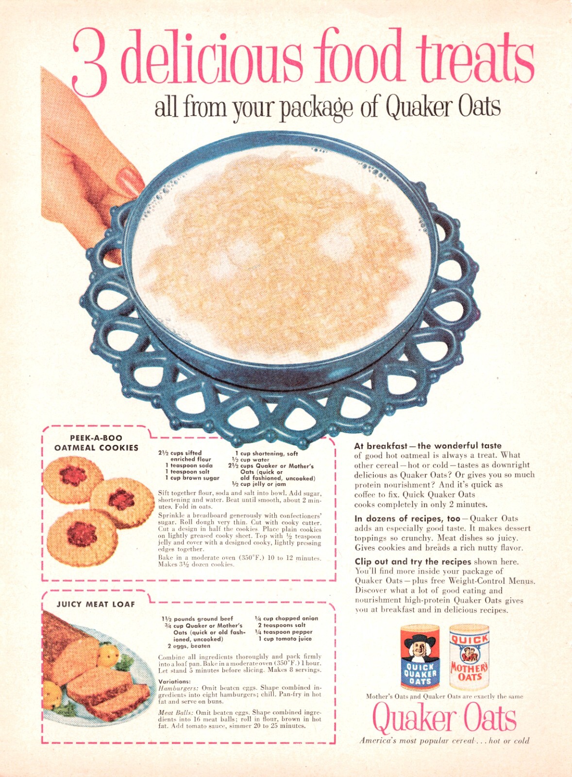 Quaker Oats Recipe Peek-A-Boo Oatmeal Cookies Meat Loaf 1954 Vtg Mag Print Ad