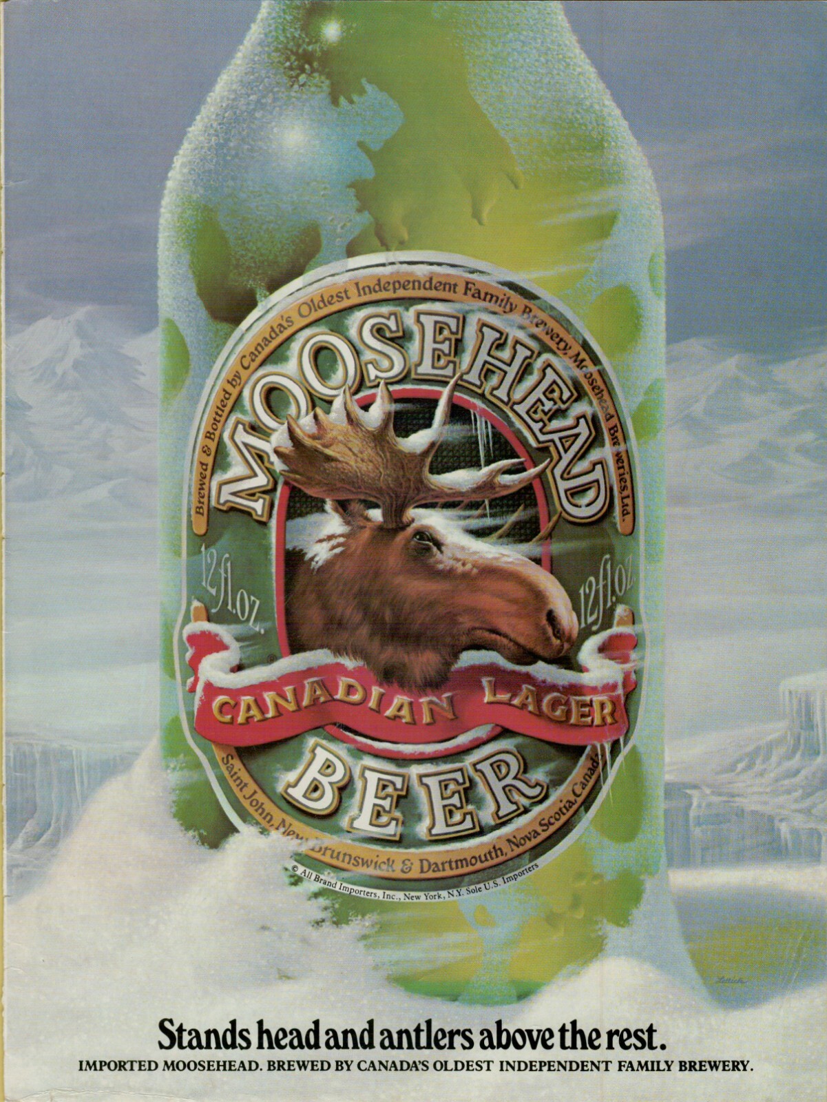 1983 Moosehead Canadian Lager Beer Head & Antlers Above Bottle Vintage Print Ad